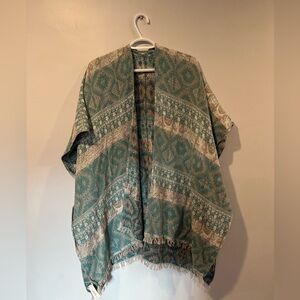 Lucky Brand | 100% Cotton Blue & White Boho Fringed Shawl/Poncho Coverup